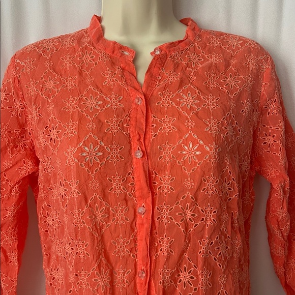 Johnny Was Coral Orange 3/4 Sleeve Floral Eyelet Blouse Shirt Top **Size S** 🌸🌸 - Picture 3 of 5